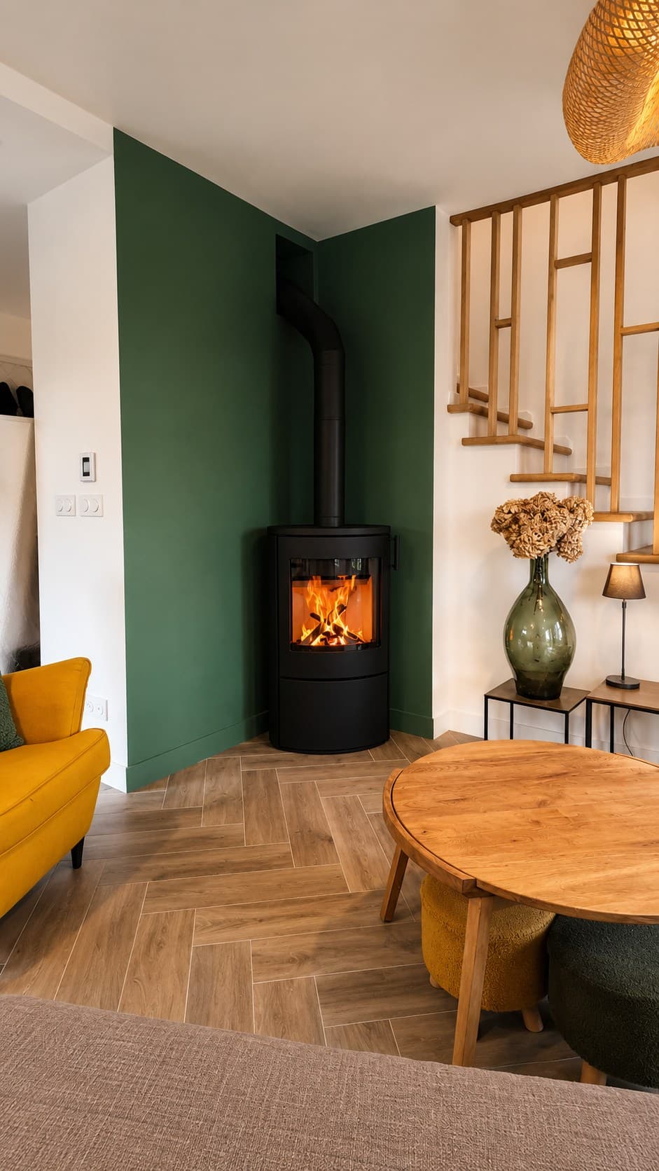 Poêle à bois noir arrondi devant un mur vert, parquet à chevrons