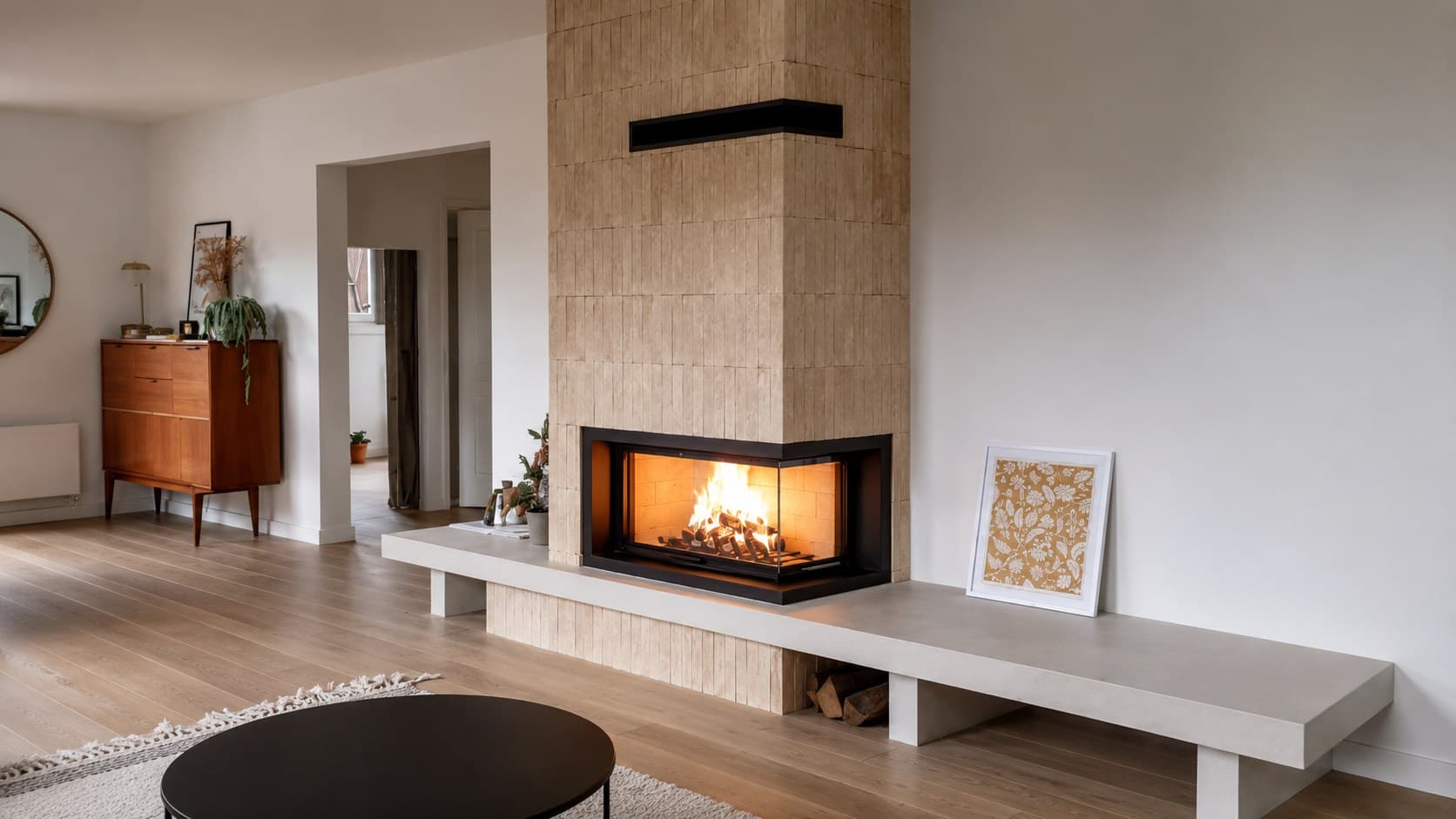 Cheminée d'angle à foyer fermé dans un salon lumineux