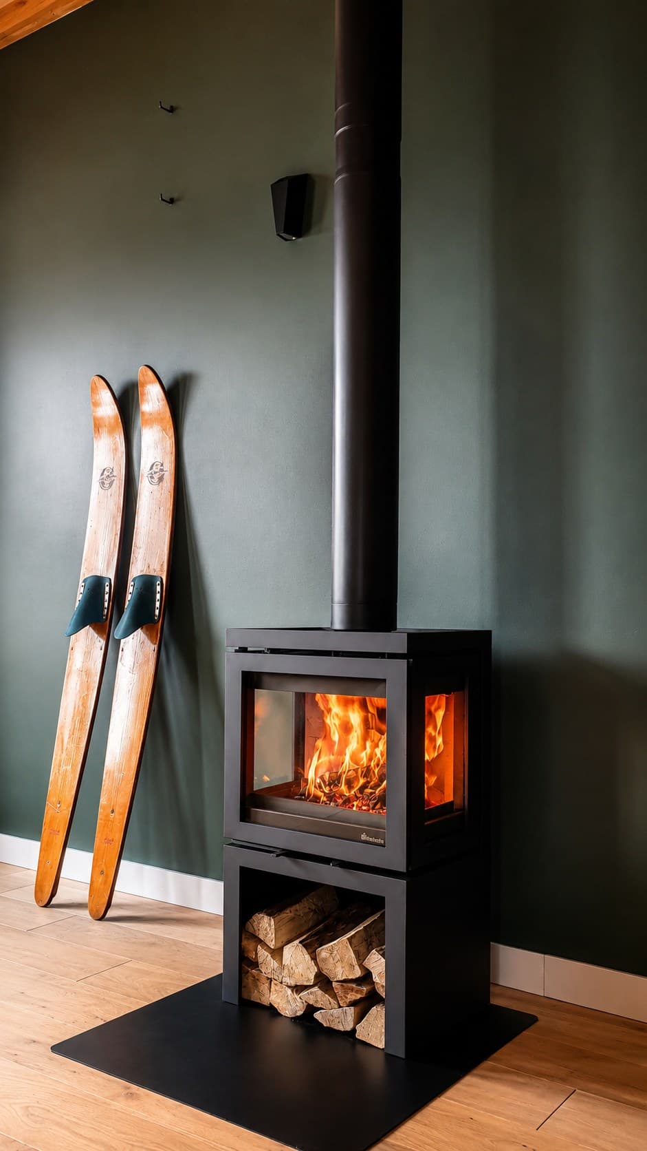 Poêle à bois à grande vitre et paire de skis anciens, ambiance chalet