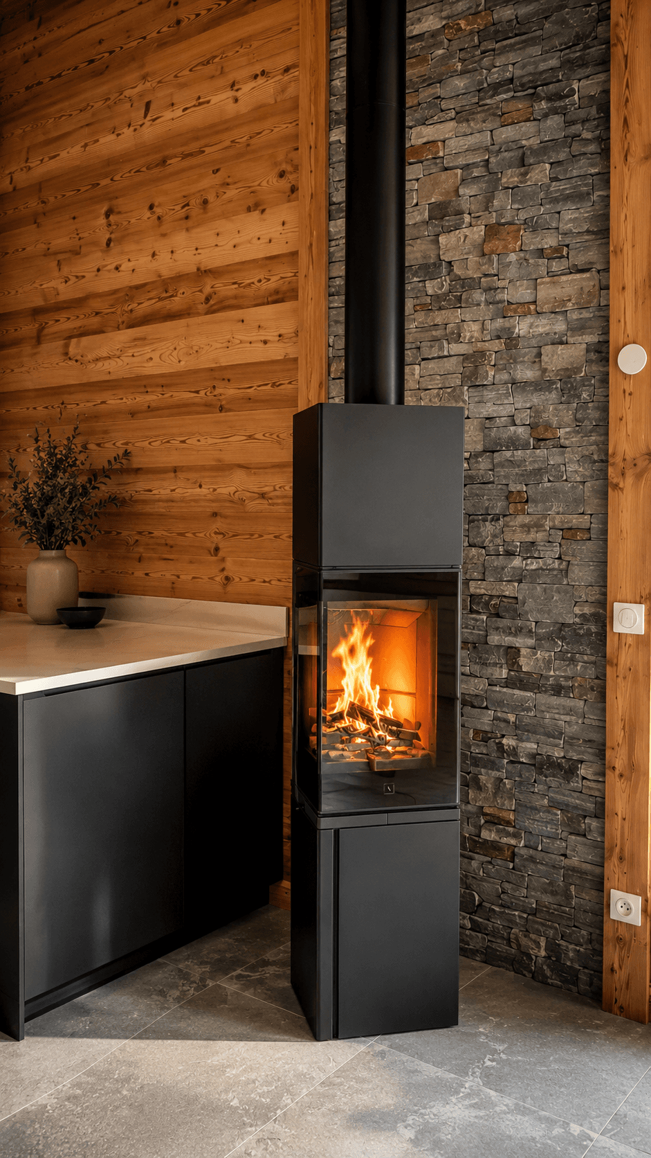 Poêle à bois contemporain installé dans un chalet près d'Annecy