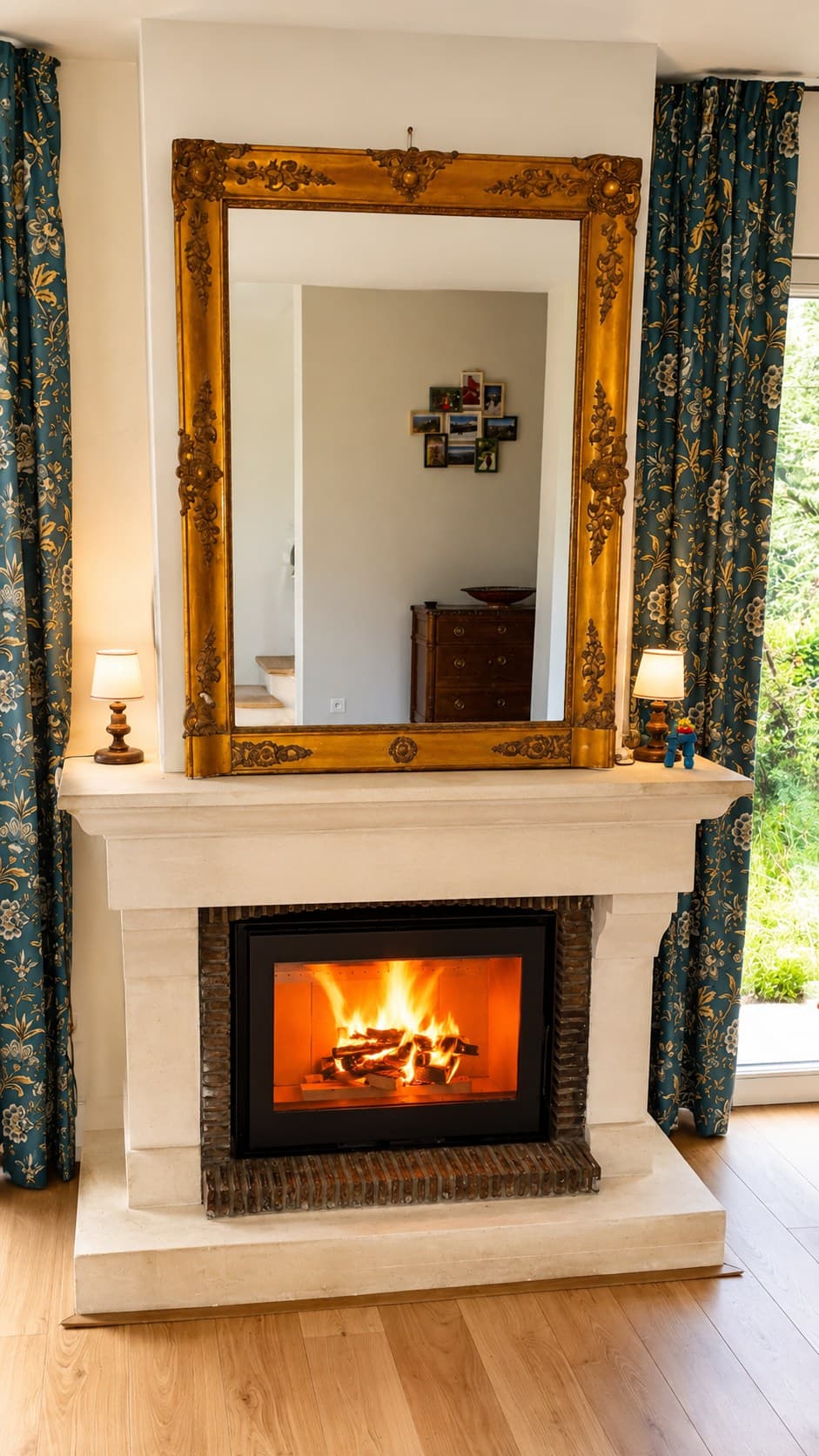 Insert à bois posé dans une cheminée ancienne en pierre claire, sous un grand miroir doré