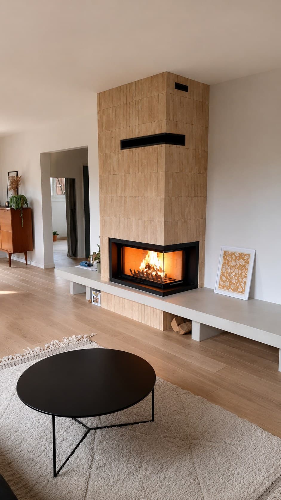 Cheminée d'angle à foyer fermé, habillage clair et banquette
