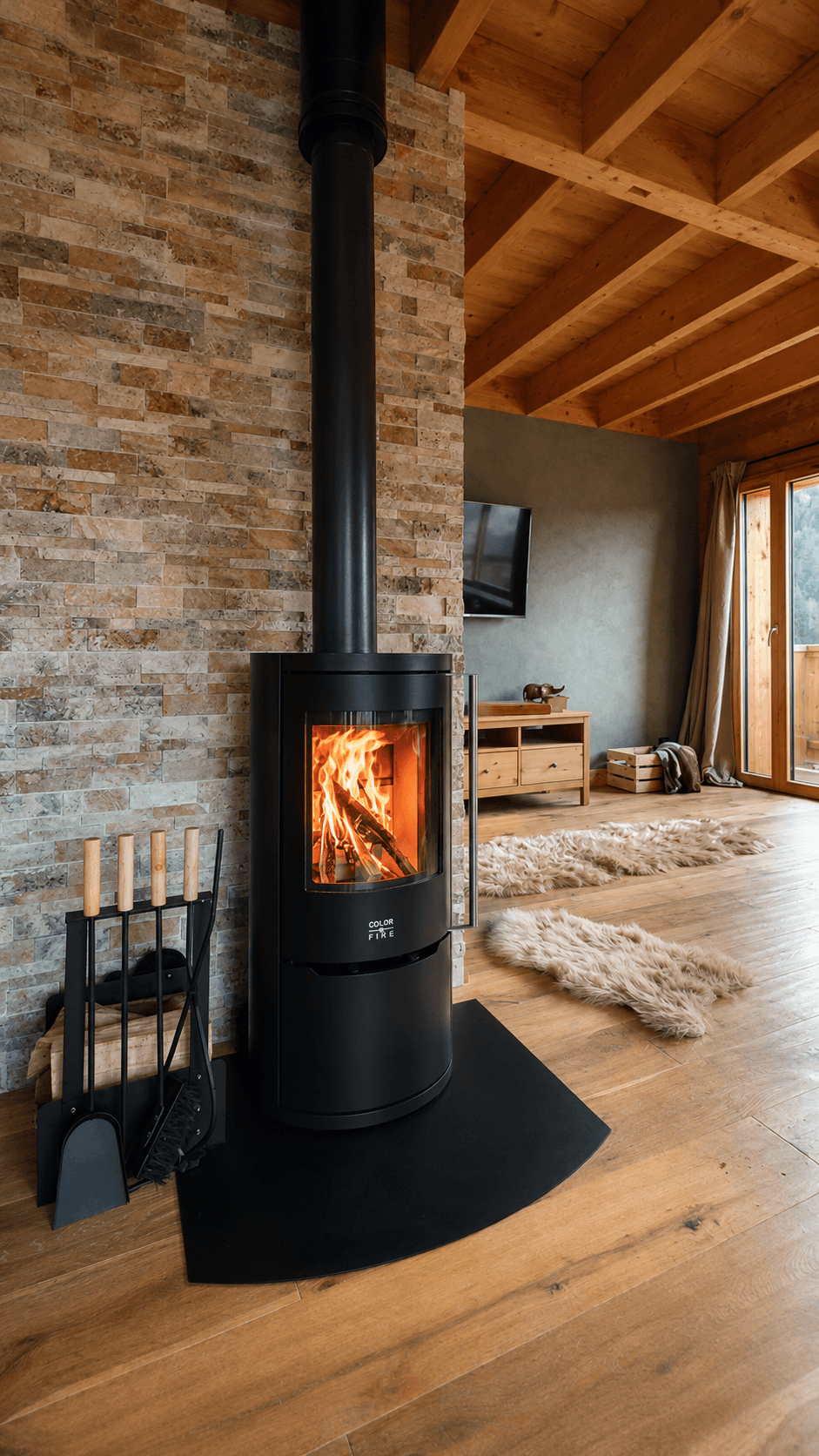 Poêle à bois posé par Néopoêles dans un chalet de Haute-Savoie